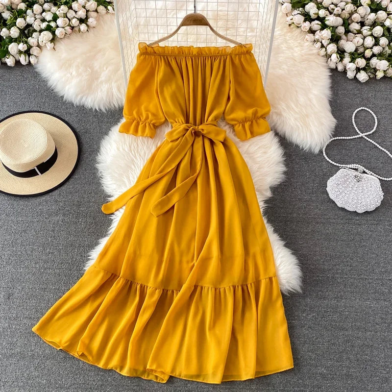 mustard off shoulder dress Mustard Off-shoulder Dress With Waist
