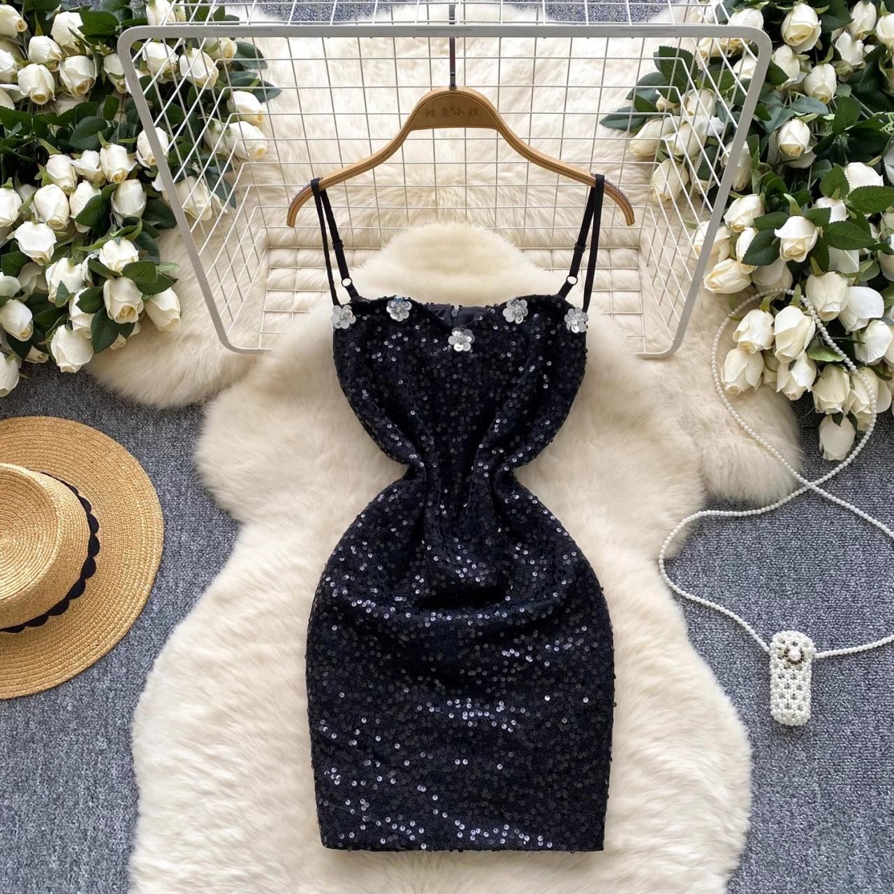 Black Sequin Flower Dress Black Velvet Sequin Floral Dress  Elegant Party  Outfit
