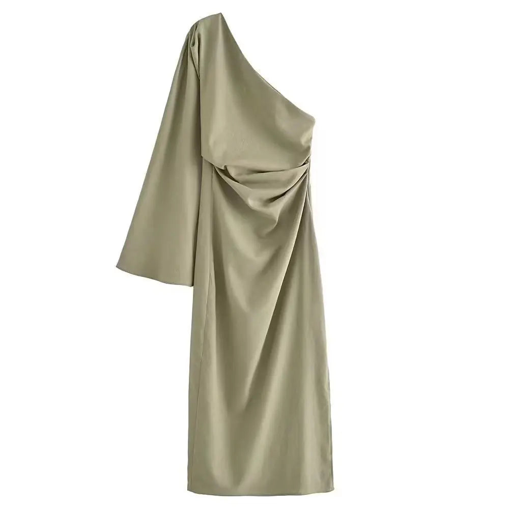 Asymmetrical One-shoulder Olive Green Draped Dress