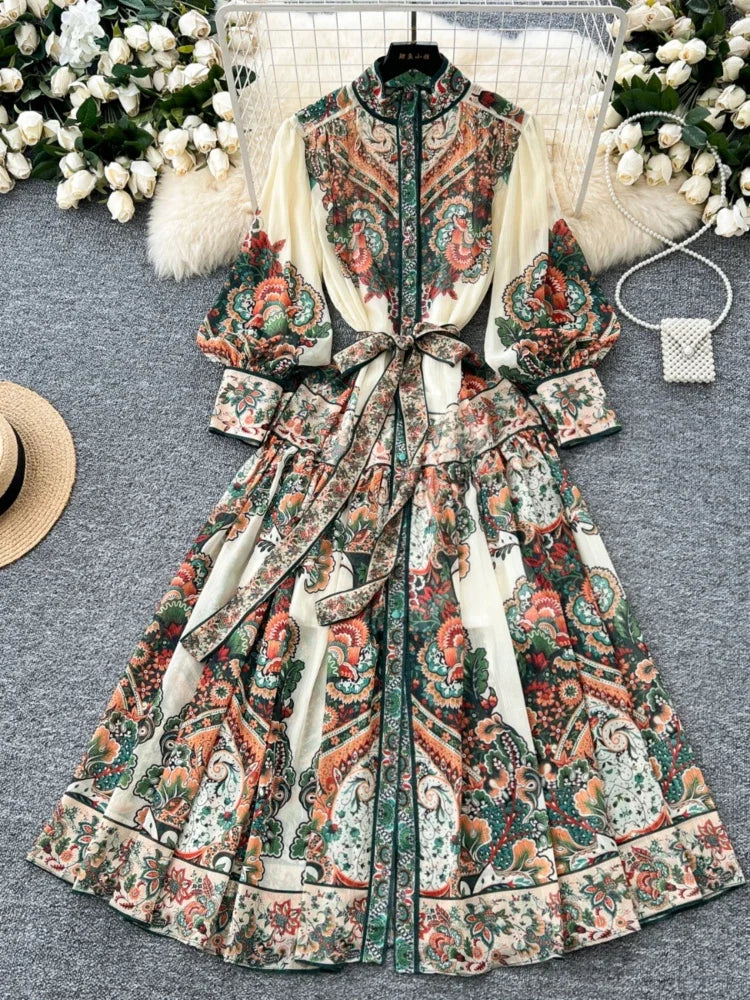 Paisley Pattern Long Sleeve Belted Maxi Dress