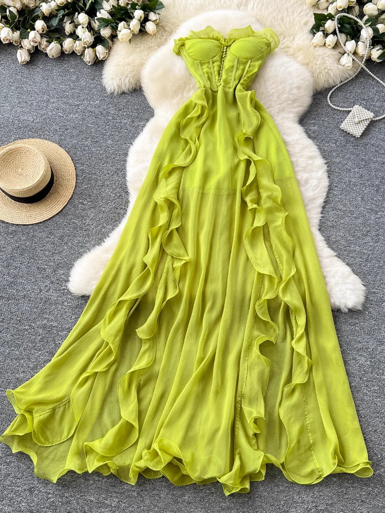 Vibrant Green Ruffled Chiffon Long Summer Dress on Luulla