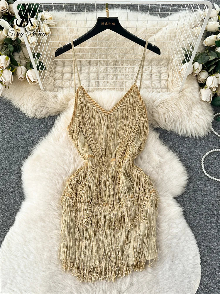 Gold Fringe Spaghetti Strap V-neck Party Dress