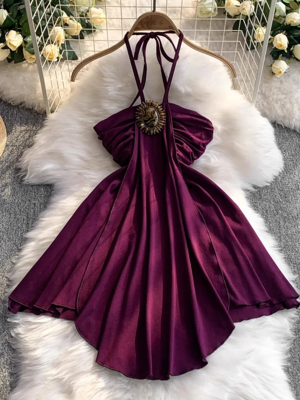 Halter Neck Purple A-line Dress With Brooch on Luulla