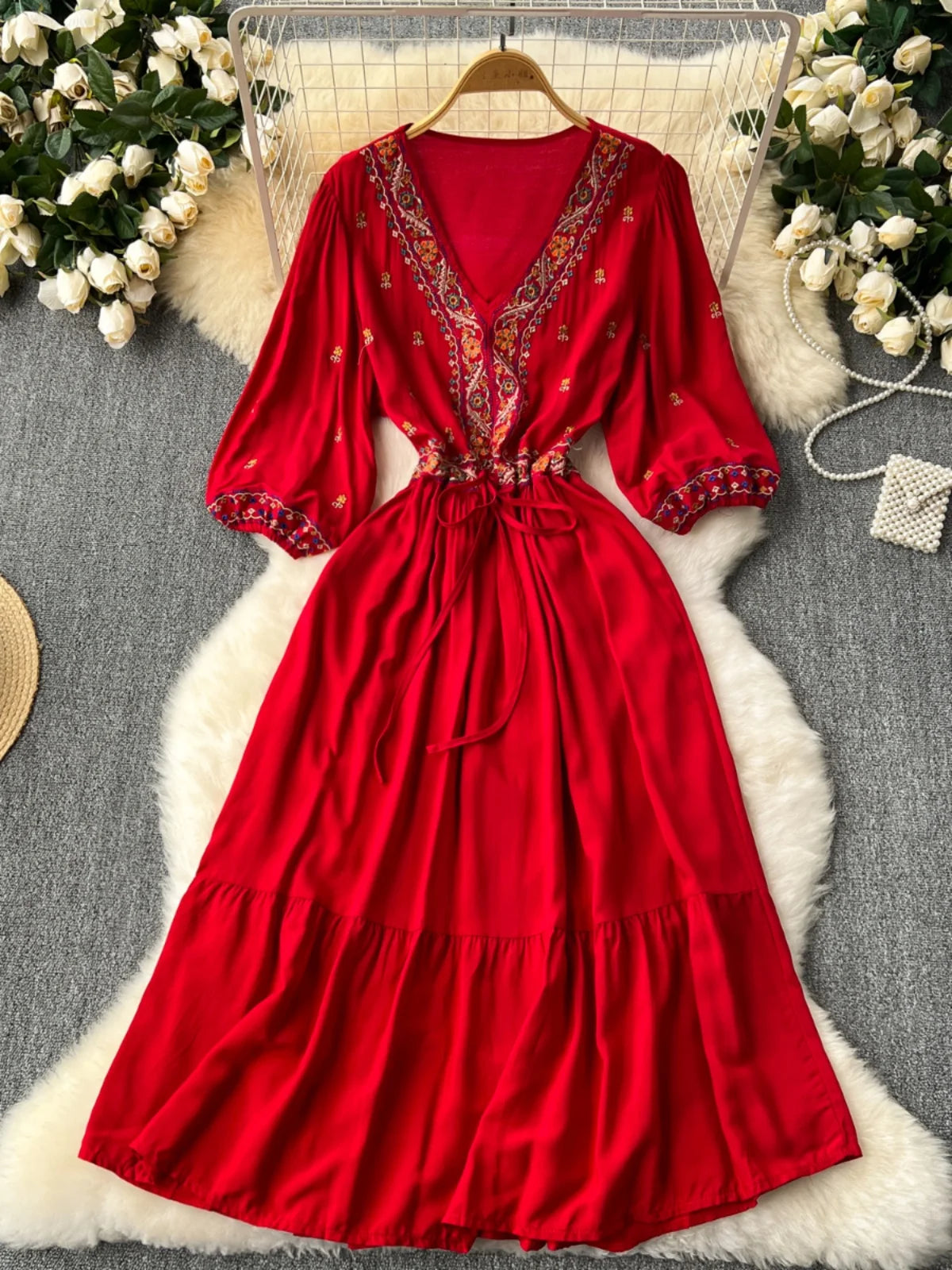 red embroidered maxi dress The Tennen Embroidered Maxi Dress in Chili Red Large