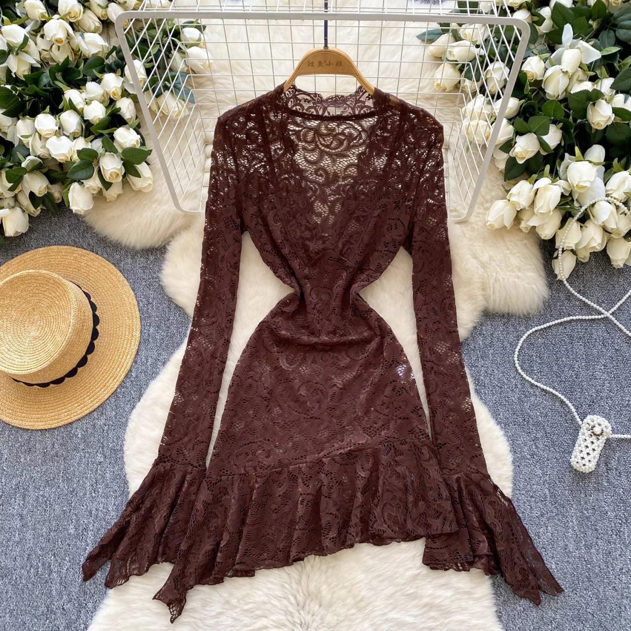 Lace Ruffle Dress With Long Flared Sleeves on Luulla