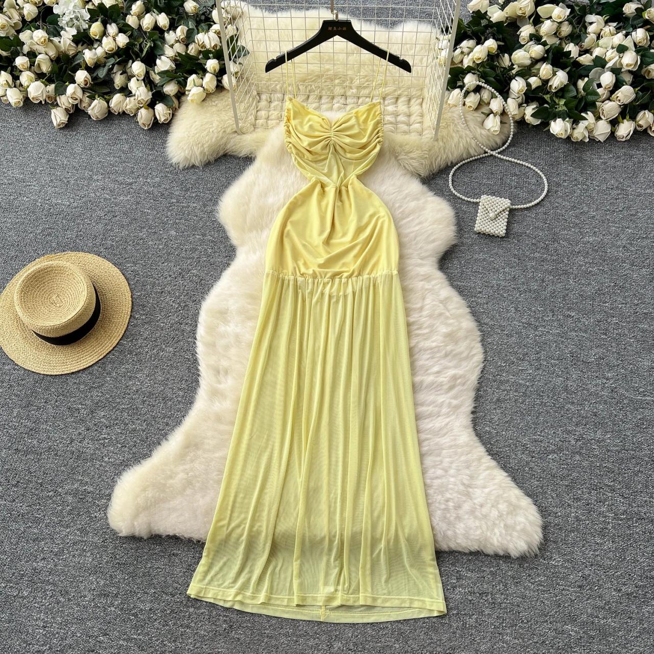 Strapless Yellow Ruched Maxi Dress With Clutch