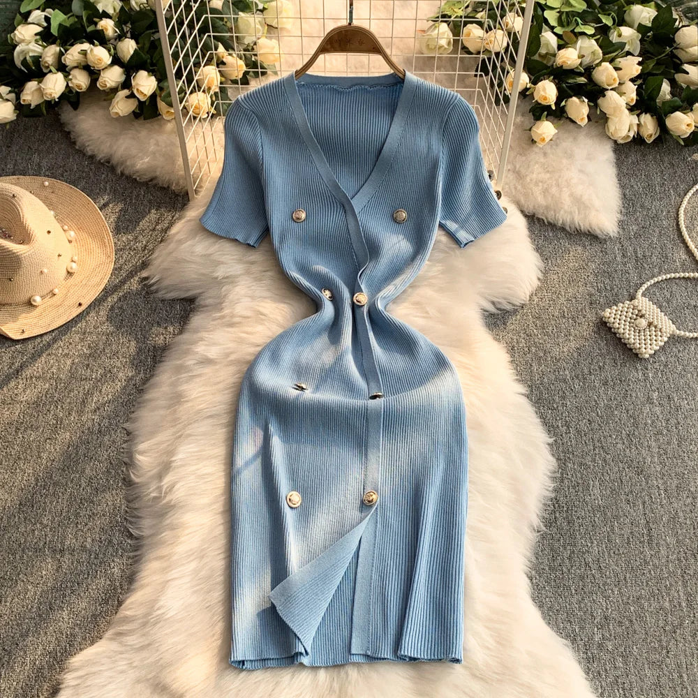 V-neck Buttoned Blue Ribbed Knit Dress