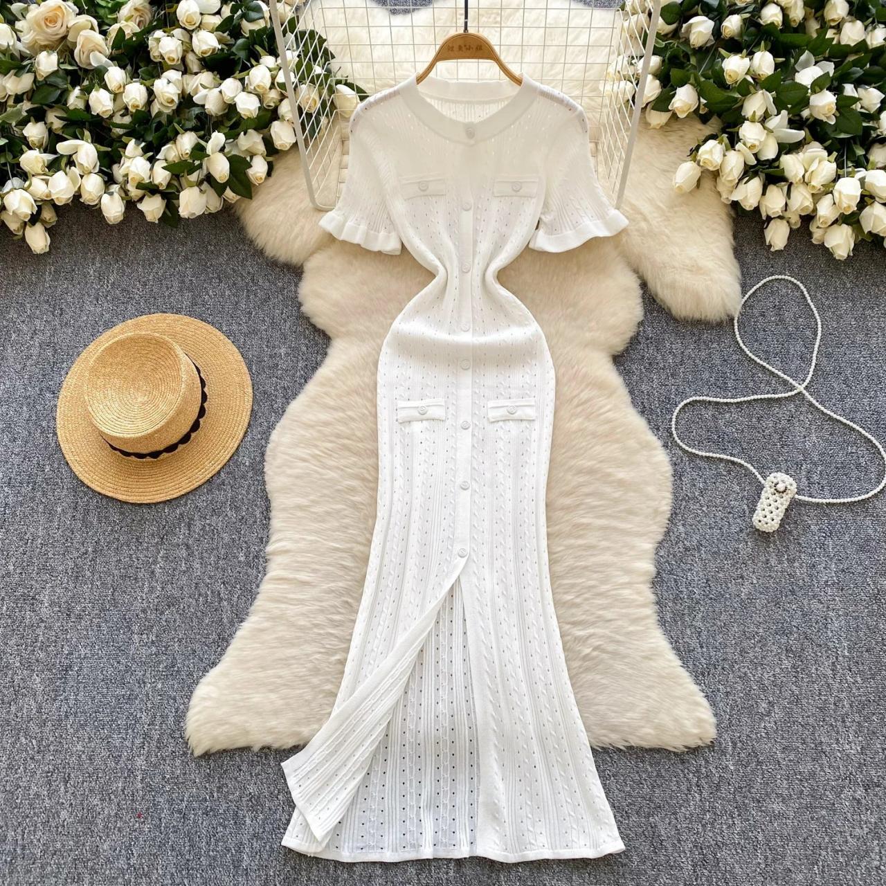 ruffle sleeve knitting dress White Knitted Maxi With Sleeves Knitting pattern