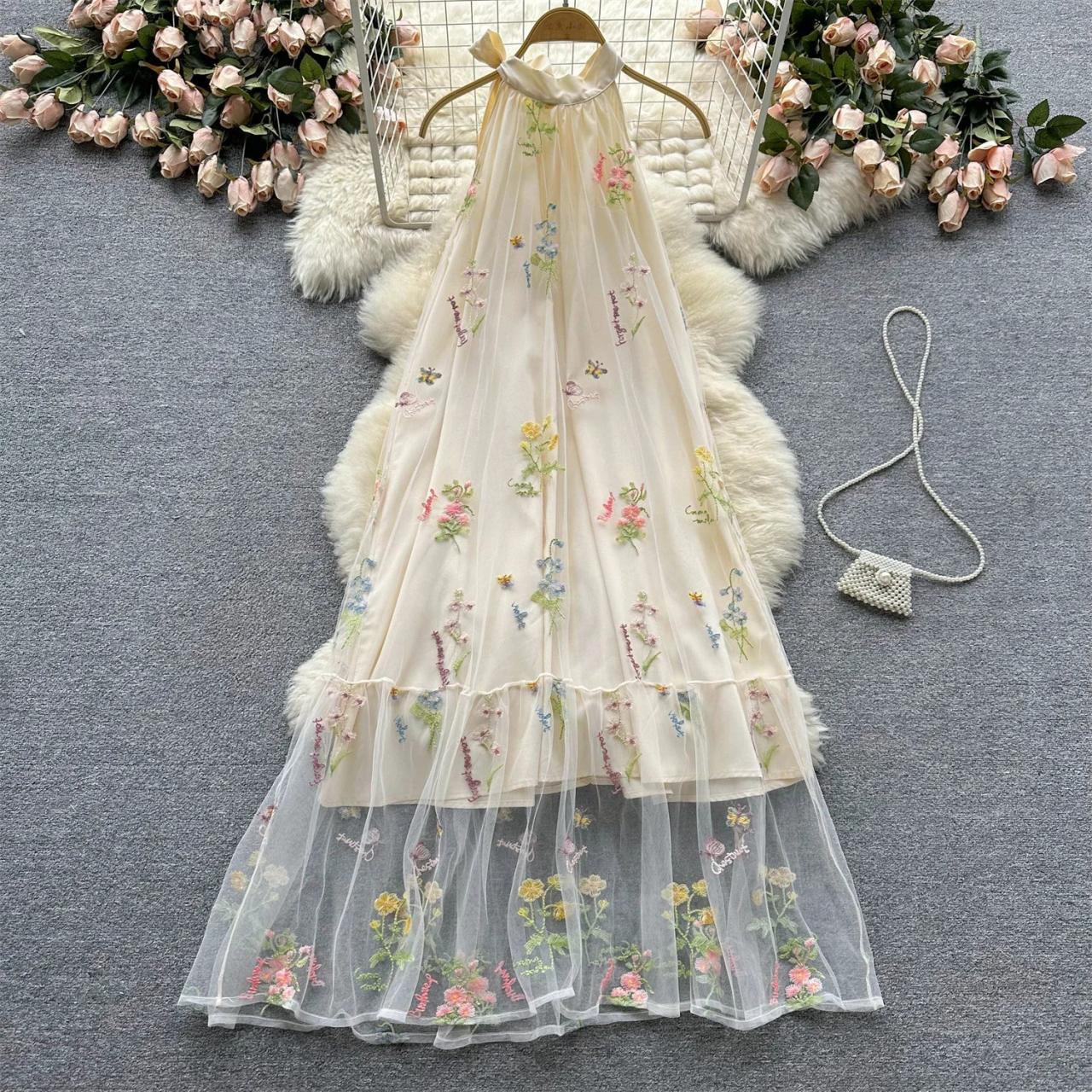 embroidered halter maxi dress Vintage Jill Richards Piqu Ruffle + Floral Embroidered Halter Maxi Dress / Gown, Circa 1970s  portmanteau New york
