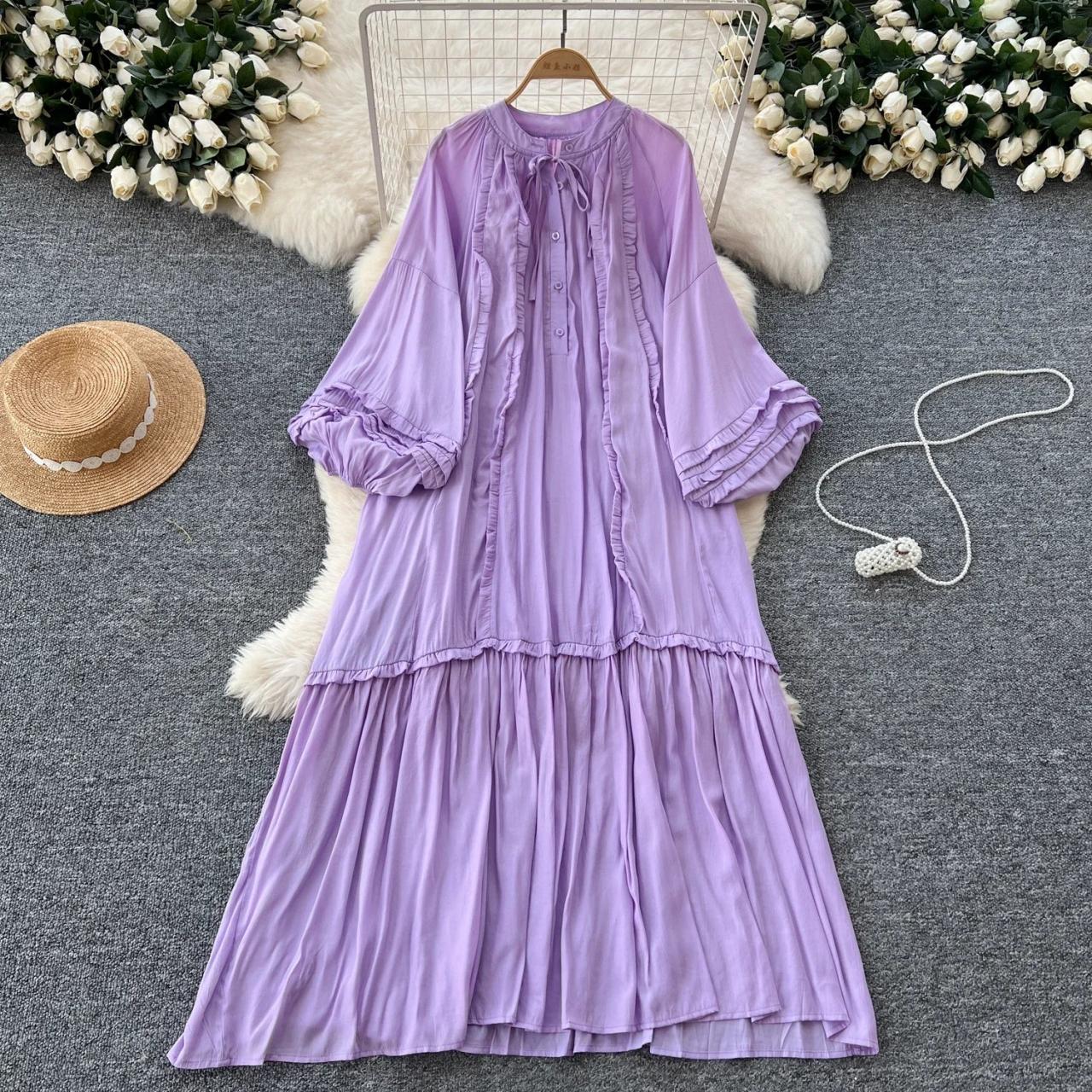 fitted lace wedding dress BABARONI V-Neck Bishop Sleeves Chiffon Dress with Bow-Wisteria, Wisteria / US0 main image 1
