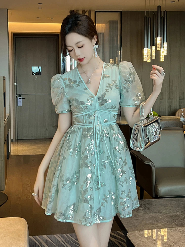 Sparkling Sequin Puff Sleeve Short Party Dress