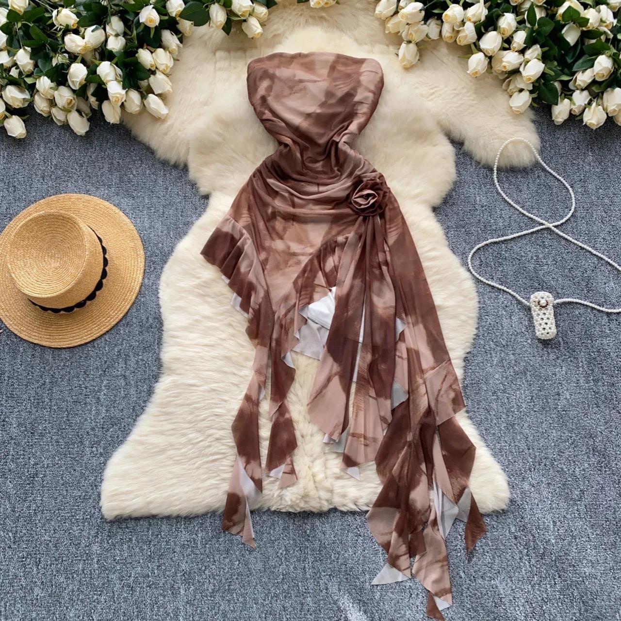 Strapless Asymmetrical Brown Silk Scarf Dress