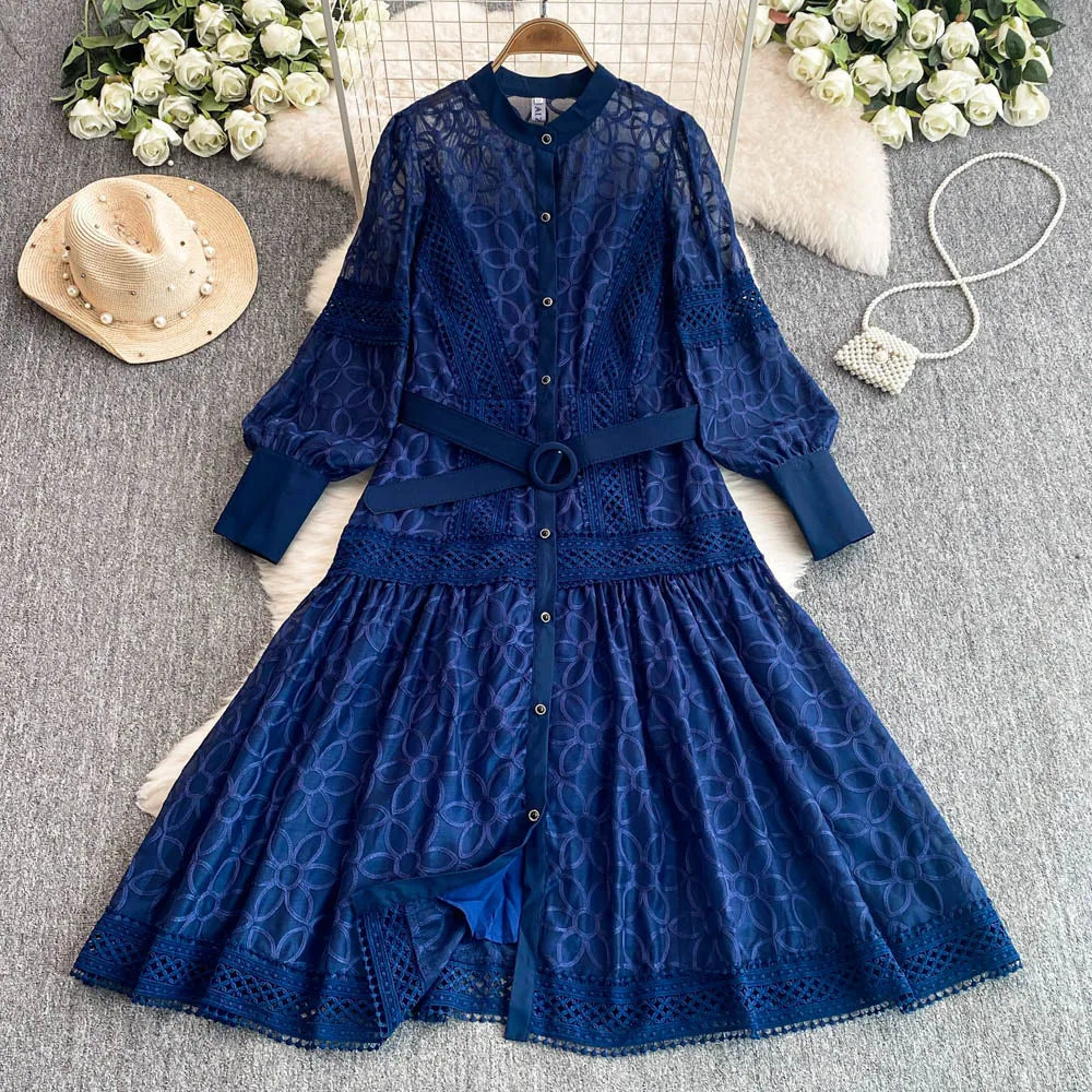 Blue Lace Long Sleeve Belted Midi Dress on Luulla