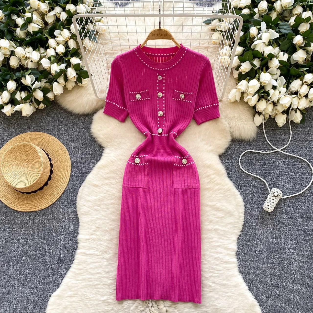 Stylish Pink Knit Dress With Button Accents