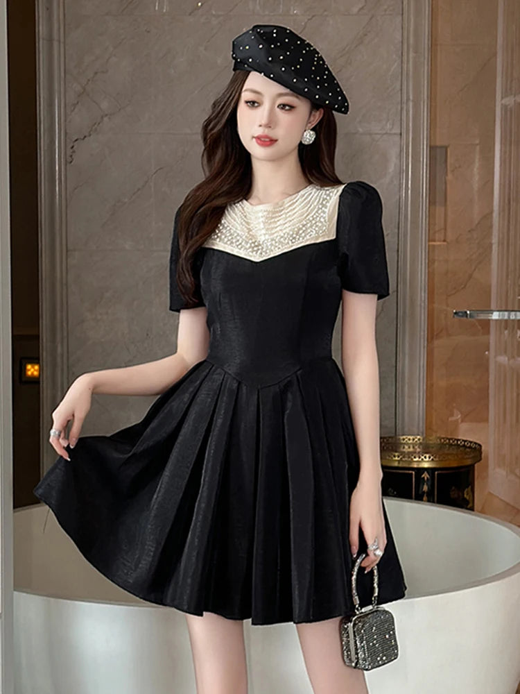 knee length dresses for ladies Black Pearl Mesh Short Dress