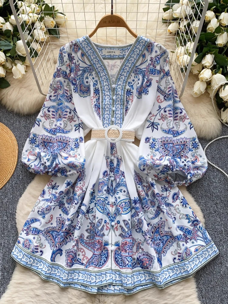 Bohemian Blue Paisley Print Belted Midi Dress