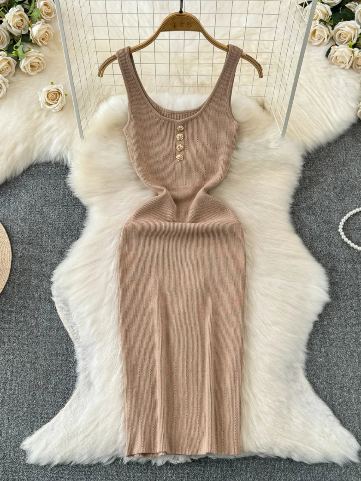 beige ribbed bodycon dress Taupe Ribbed Midi Dress