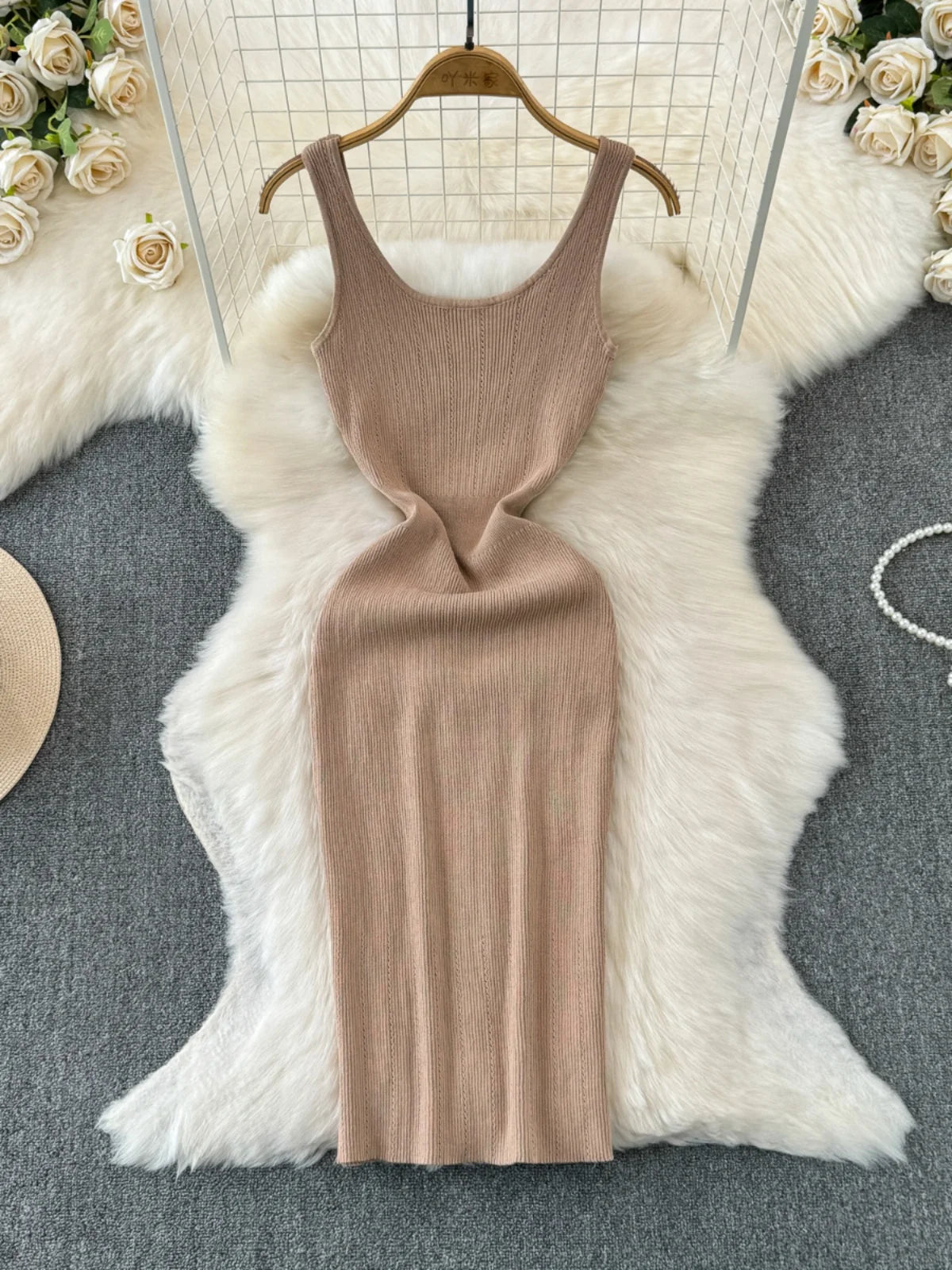 Beige Ribbed Sleeveless Bodycon Dress With Buttons on Luulla