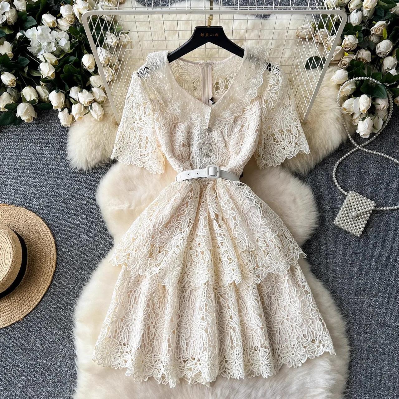 Lace Layered Short Dress With White Belt