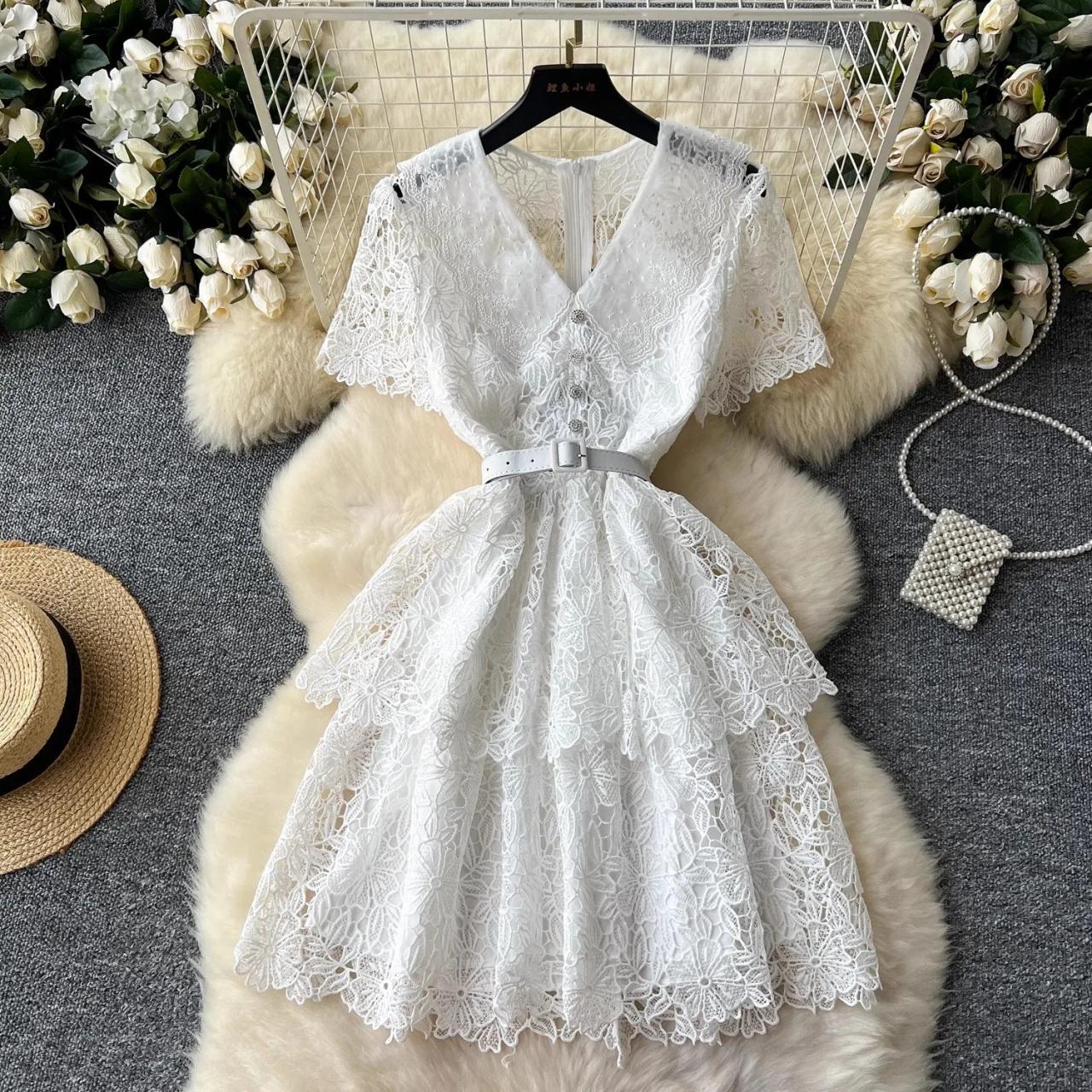 Lace Layered Short Dress With White Belt on Luulla