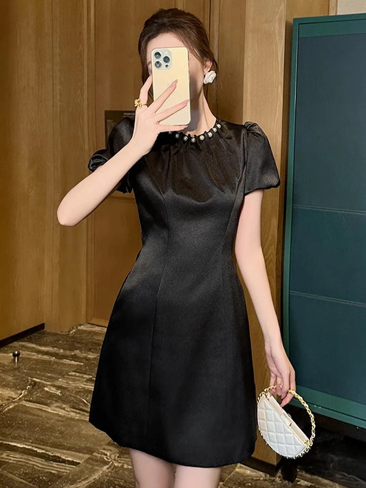 Elegant Fashion White Black Satin Pearl Evening Dress Women Clothes Retro  Bubble Sleeve Short Go on Luulla