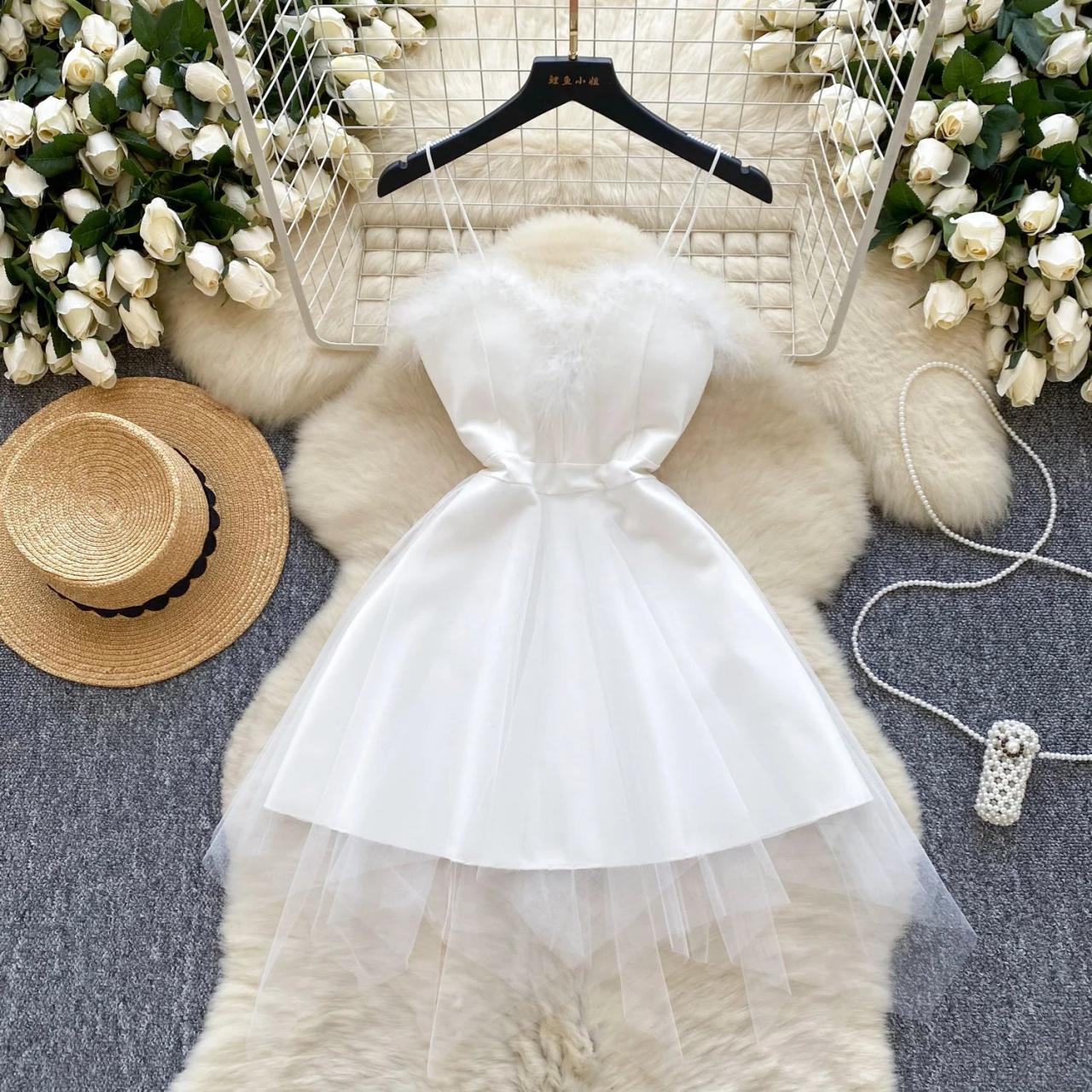 Feather Trim White Satin Tulle Cocktail Dress on Luulla