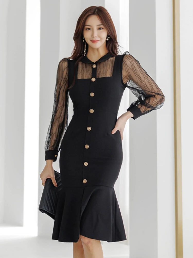 Mesh Sleeve Buttoned Black Mermaid Dress on Luulla