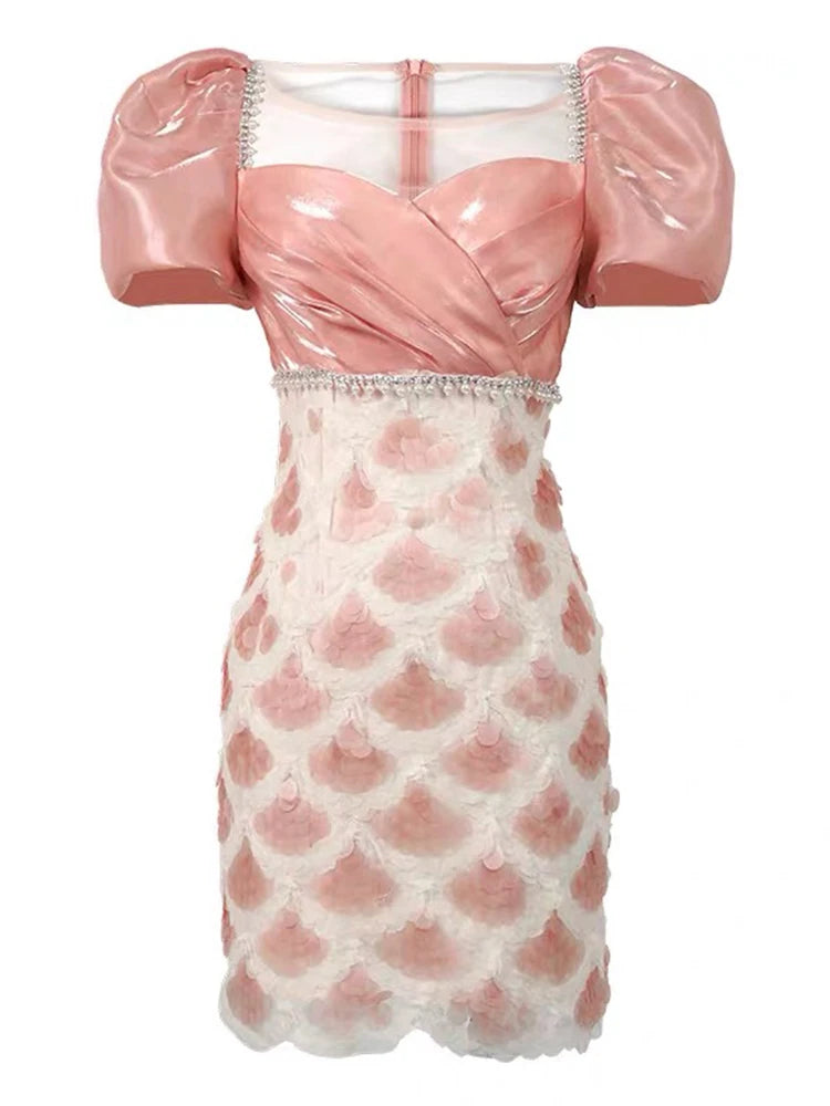 Puff Sleeve Pink Floral Embellished Cocktail Dress on Luulla