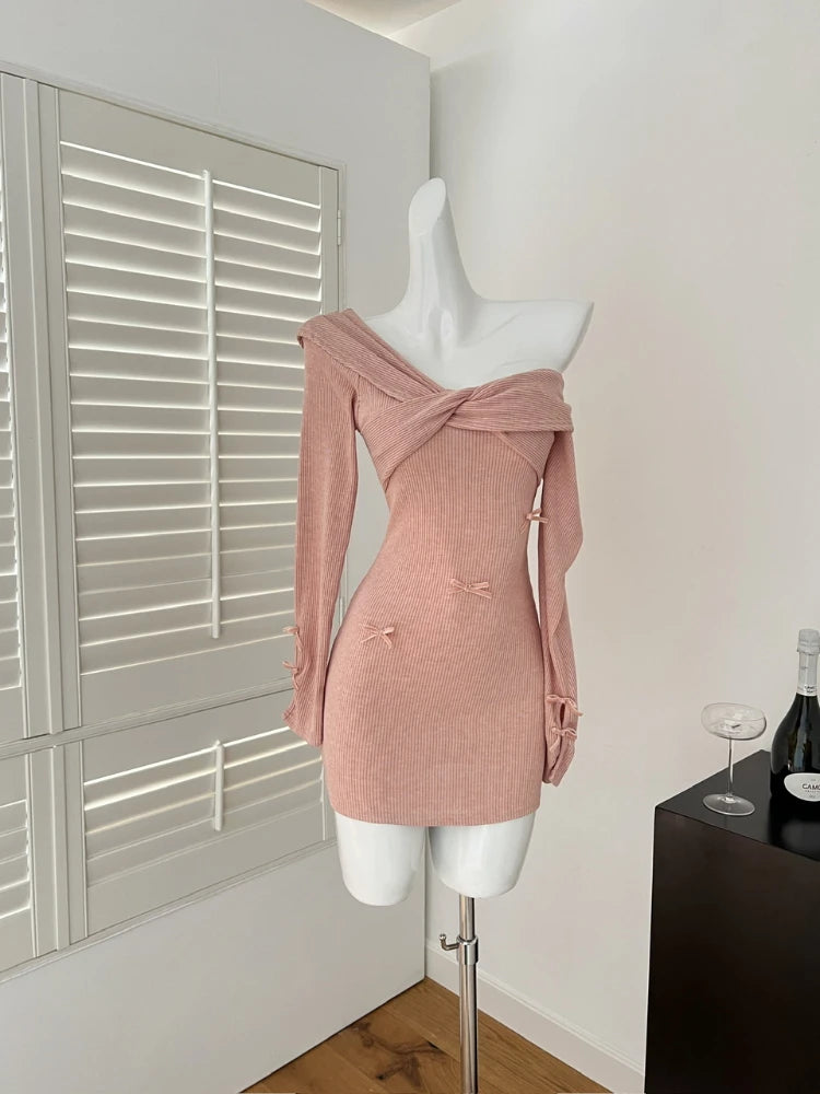 Off-shoulder Pink Ribbed Knit Dress With Bow Accents