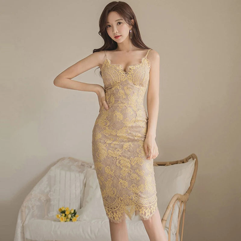 Yellow Lace Spaghetti Strap Sleeveless Bodycon Dress