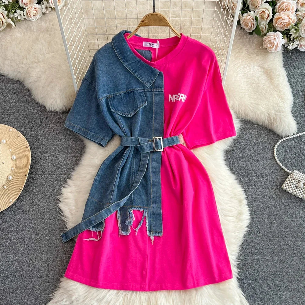 Stylish Asymmetrical Denim-belted Orange T-shirt Dress on Luulla