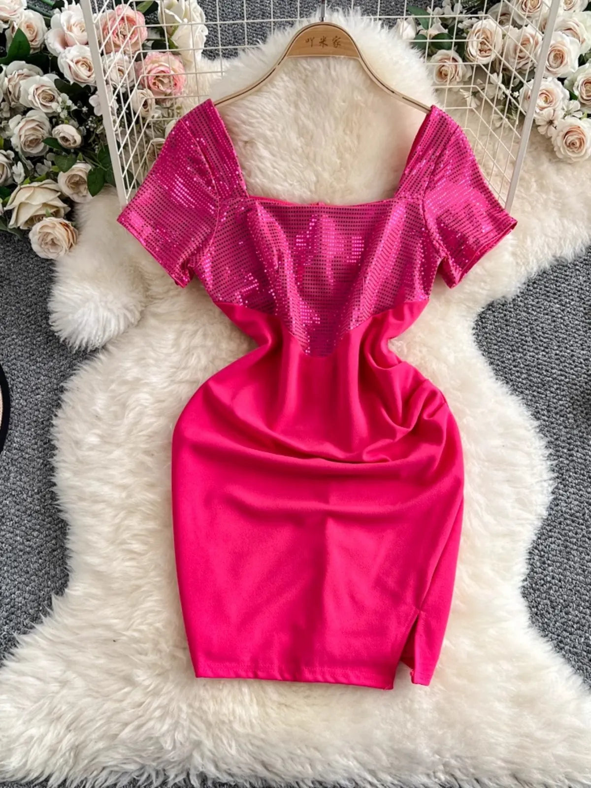 Sequin-embellished Pink Dress With Short Sleeves
