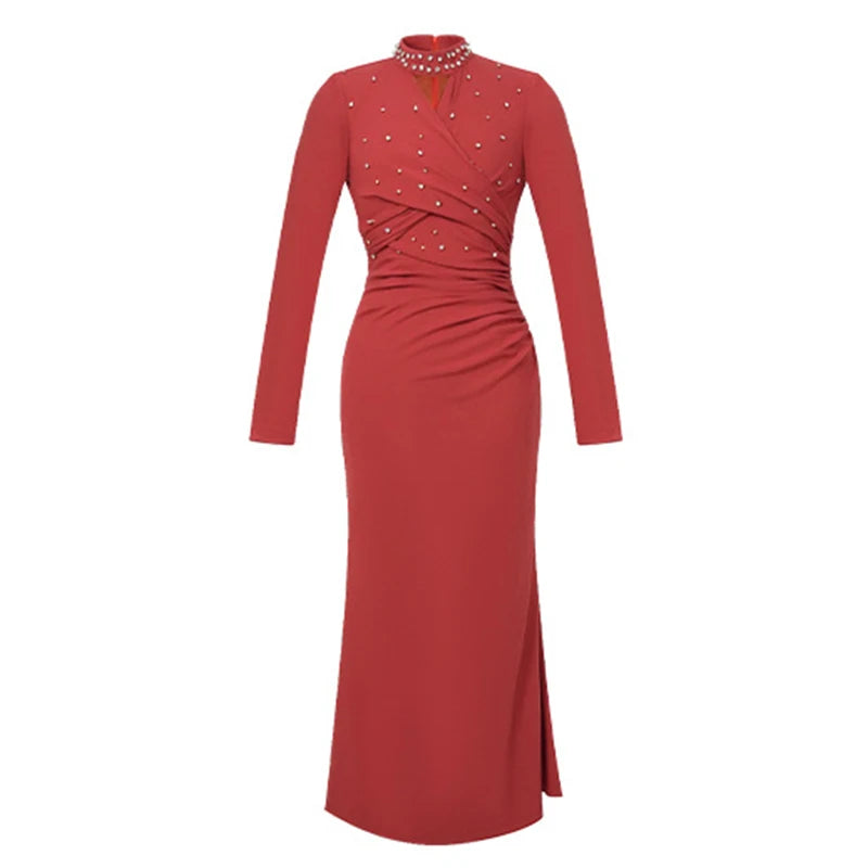 Red Rhinestone-studded Long Sleeve Evening Gown on Luulla