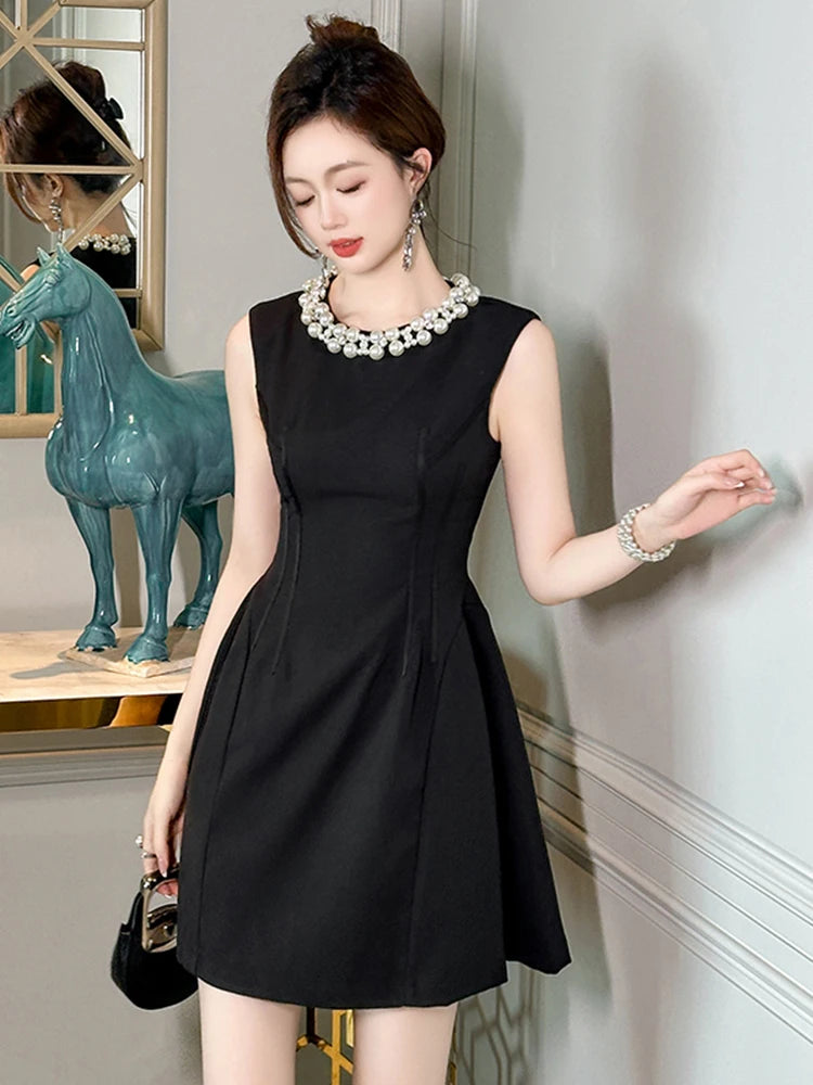 formal black dress with pearl necklace Black Pearl Beaded Maxi Dress L main image 1