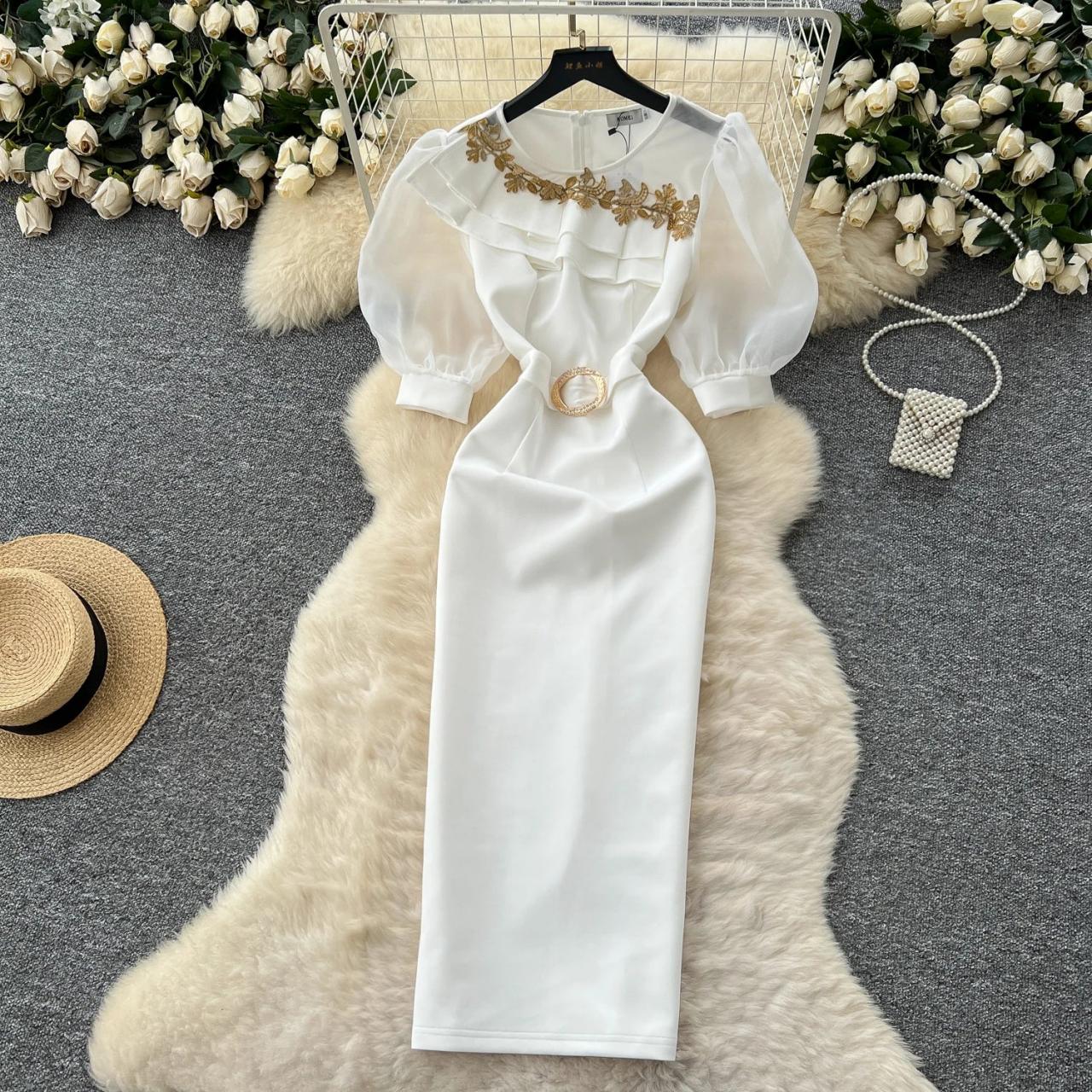 white and gold midi dress Renee V-Neck Cotton Maxi Dress - Ecru Gold main image 1
