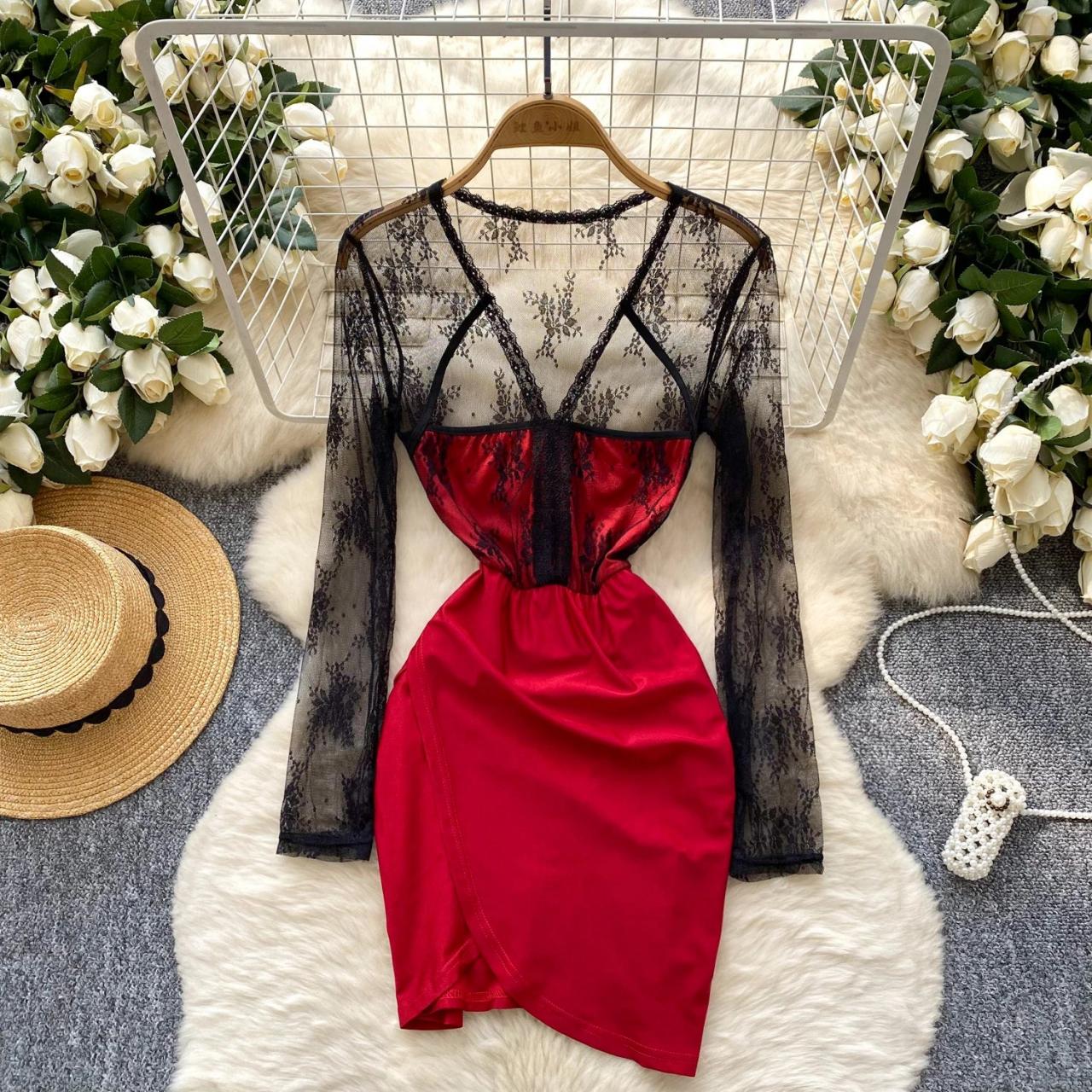 open lace back dress Gothic Lace Wine Red and Black Long Sleeve Mini Dress main image 0