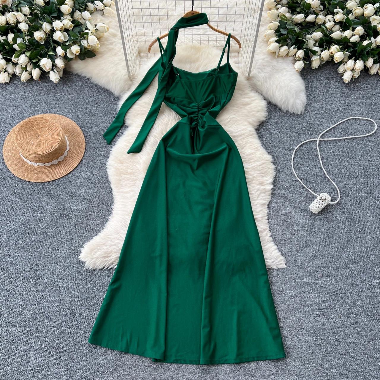 green satin tie dress Elegant Halter Hunter Green Satin Maxi Dress Open Back Tie-Up L / Hunter Green