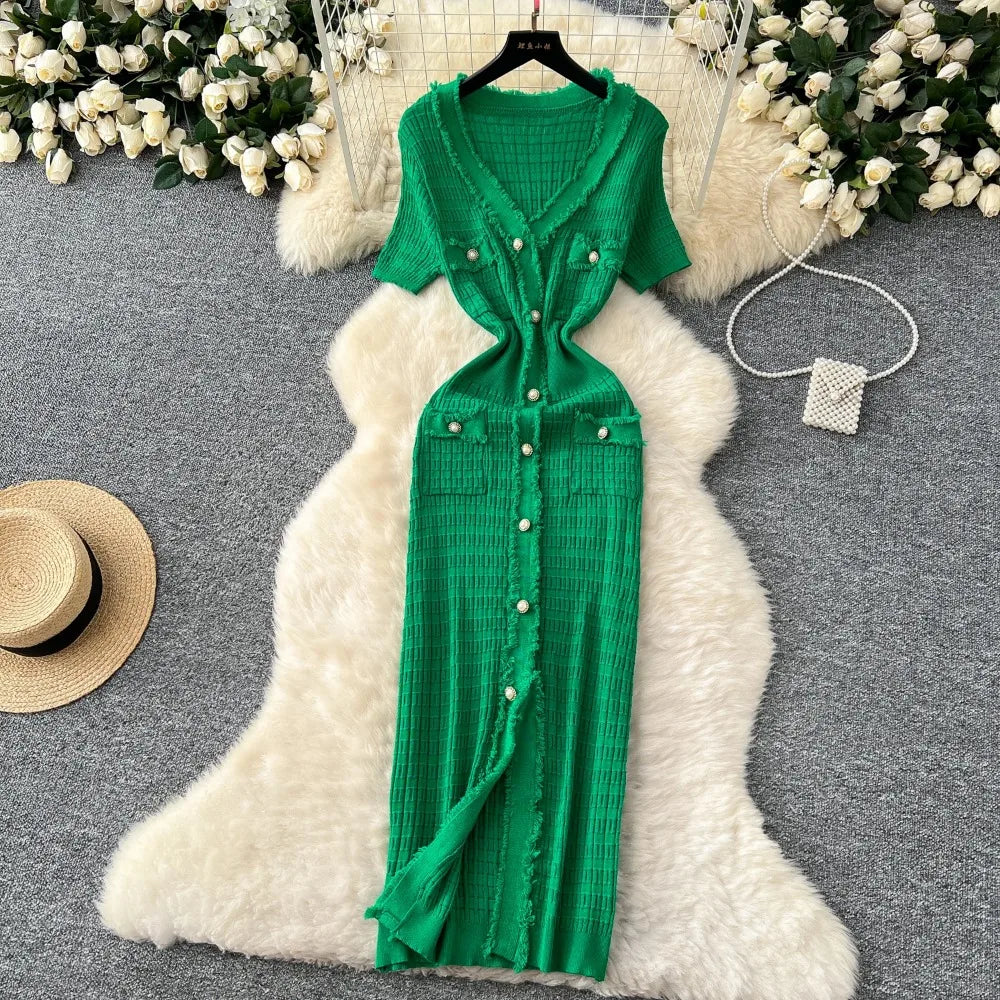 Green Short Sleeve Button-down Long Knit Dress