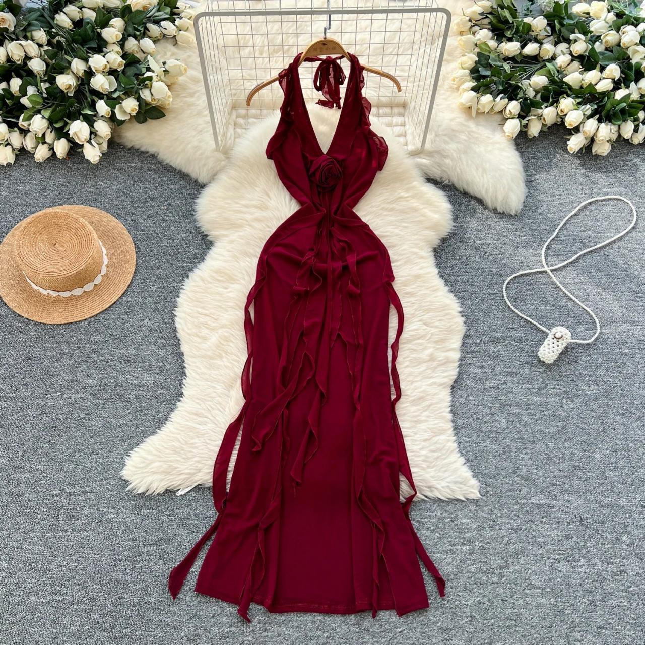 burgundy fringe dress Satin midi dress with fringe trim  Color: Burgundy  RASARIO Online Boutique 38 (FR) / Burgundy