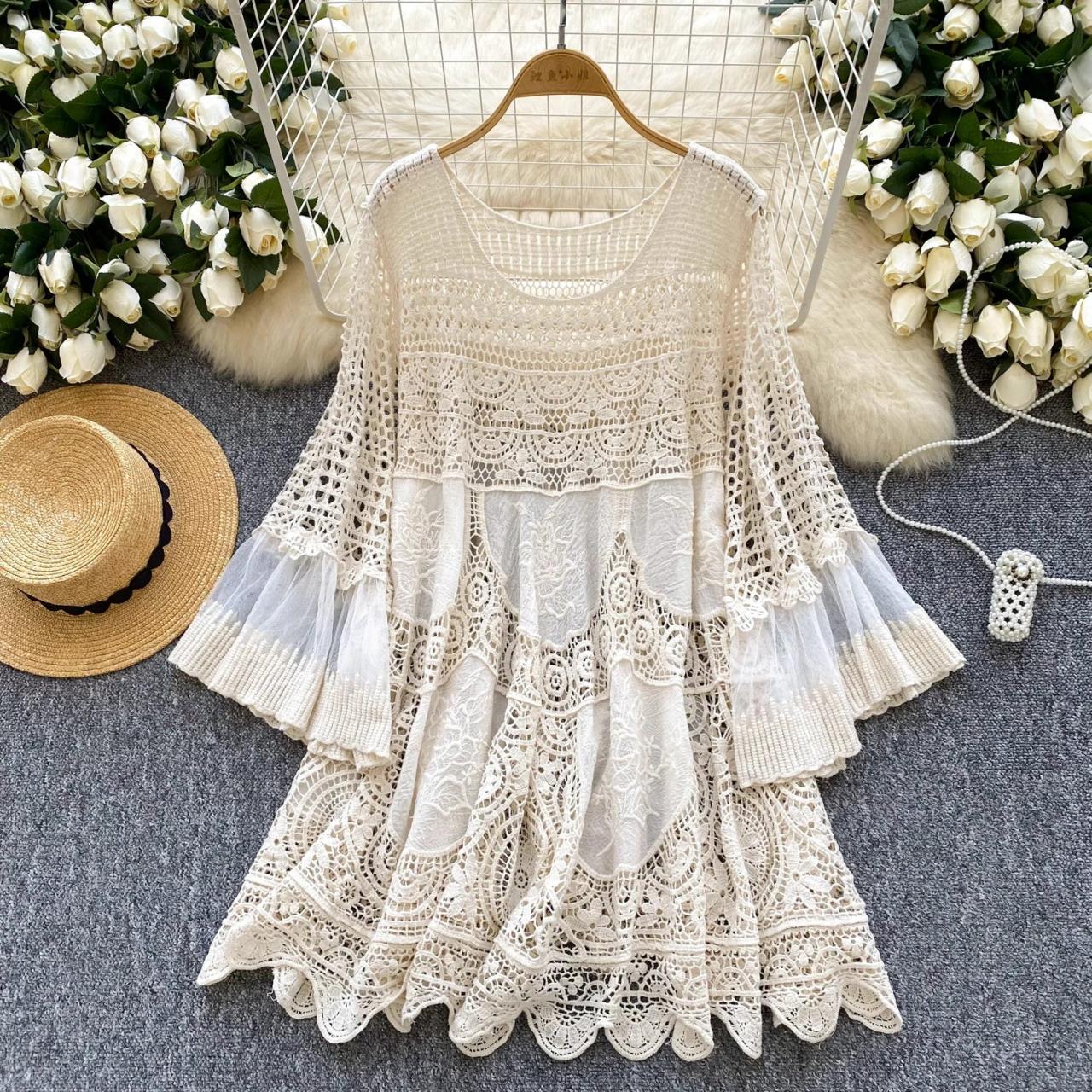 Bohemian Lace Patchwork Flare Sleeve Dress on Luulla