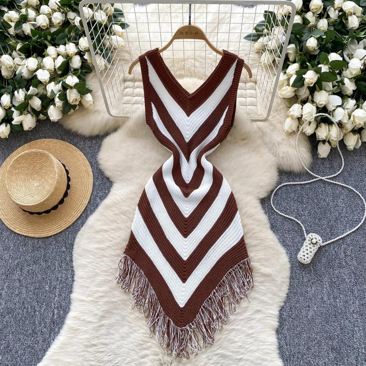 Green White Chevron Fringe Knit Beach Dress on Luulla