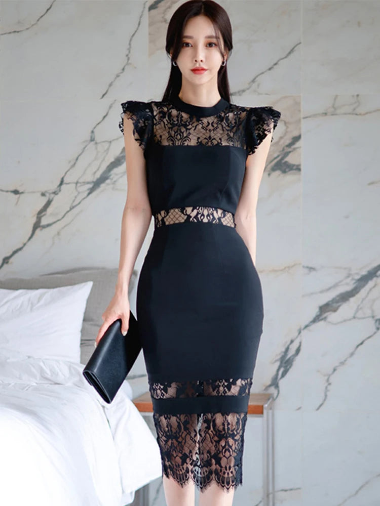 Lace-trimmed Black Dress With Delicate Flutter Sleeves
