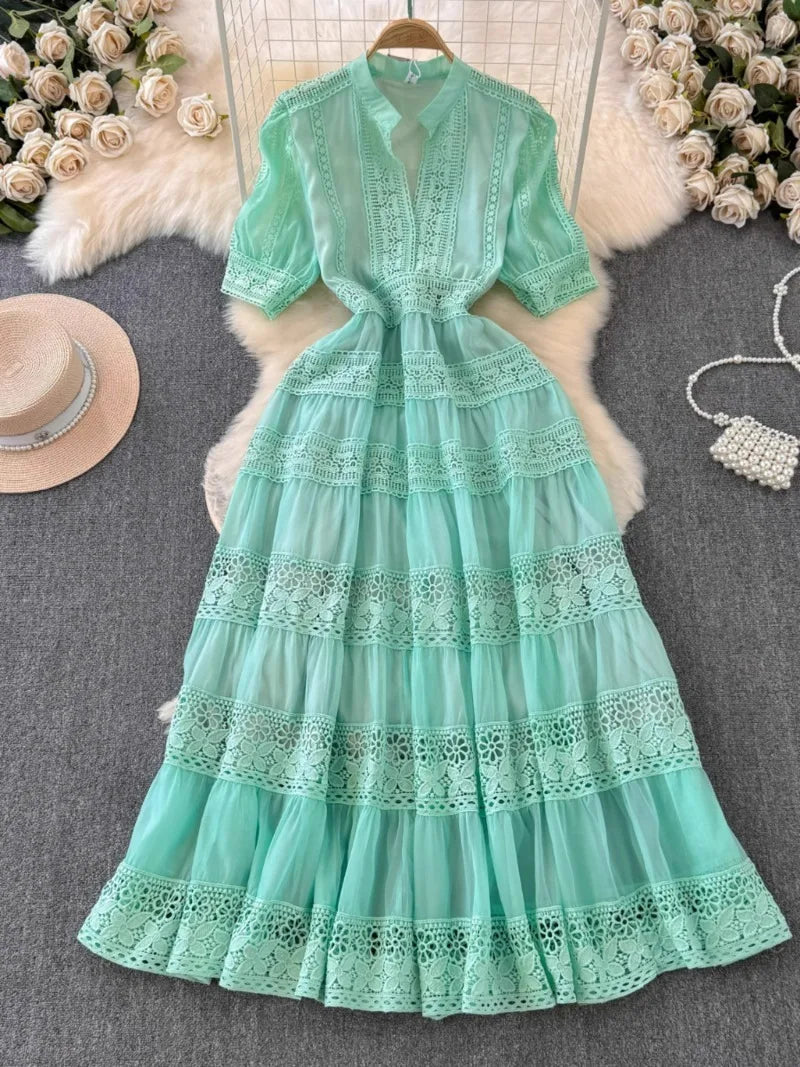 Bohemian Aqua Lace Maxi Dress With Sleeves