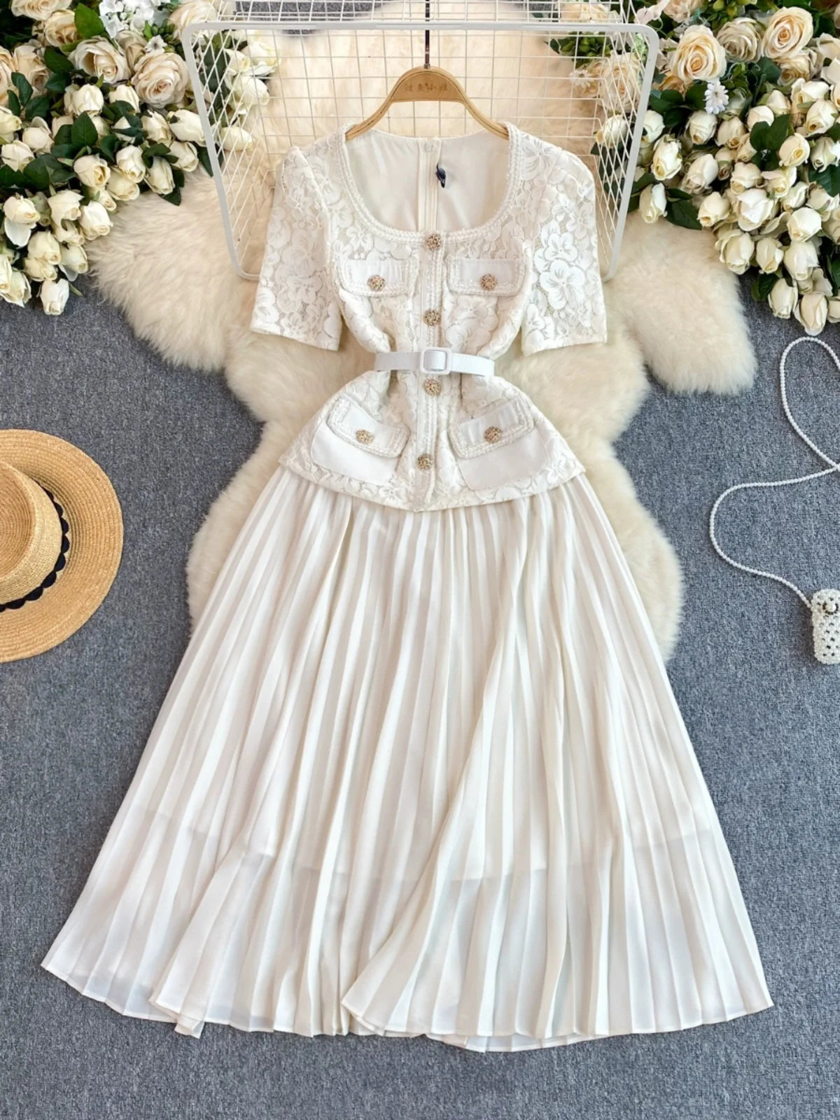 Vintage Lace Dress With Pleated Maxi Skirt