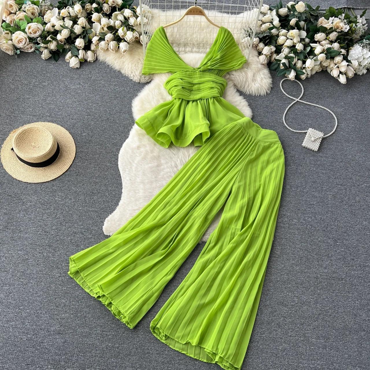 Vibrant Green Pleated Top And Wide-leg Pants