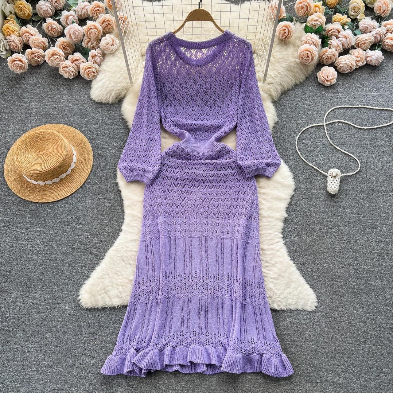 Lavender Crochet Knit Dress With Long Sleeves
