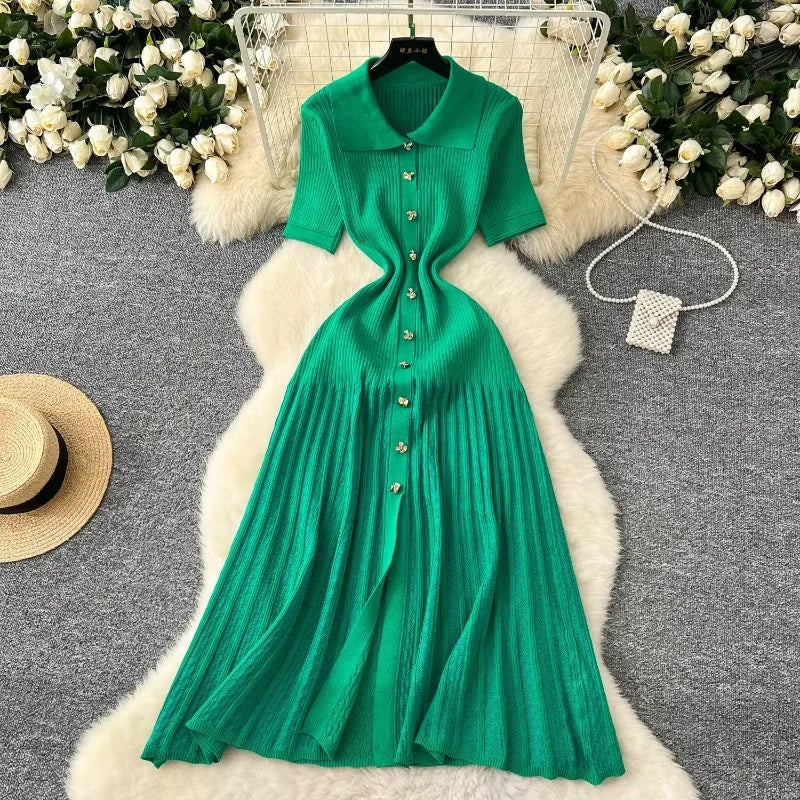 Green Midi Dress With Pleated Skirt Buttons on Luulla