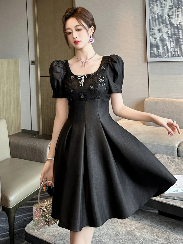 sachin and babi light blue dress Black Sheer Lace Embroidered Maxi Evening Dress Long Sleeve Crew Neck Formal