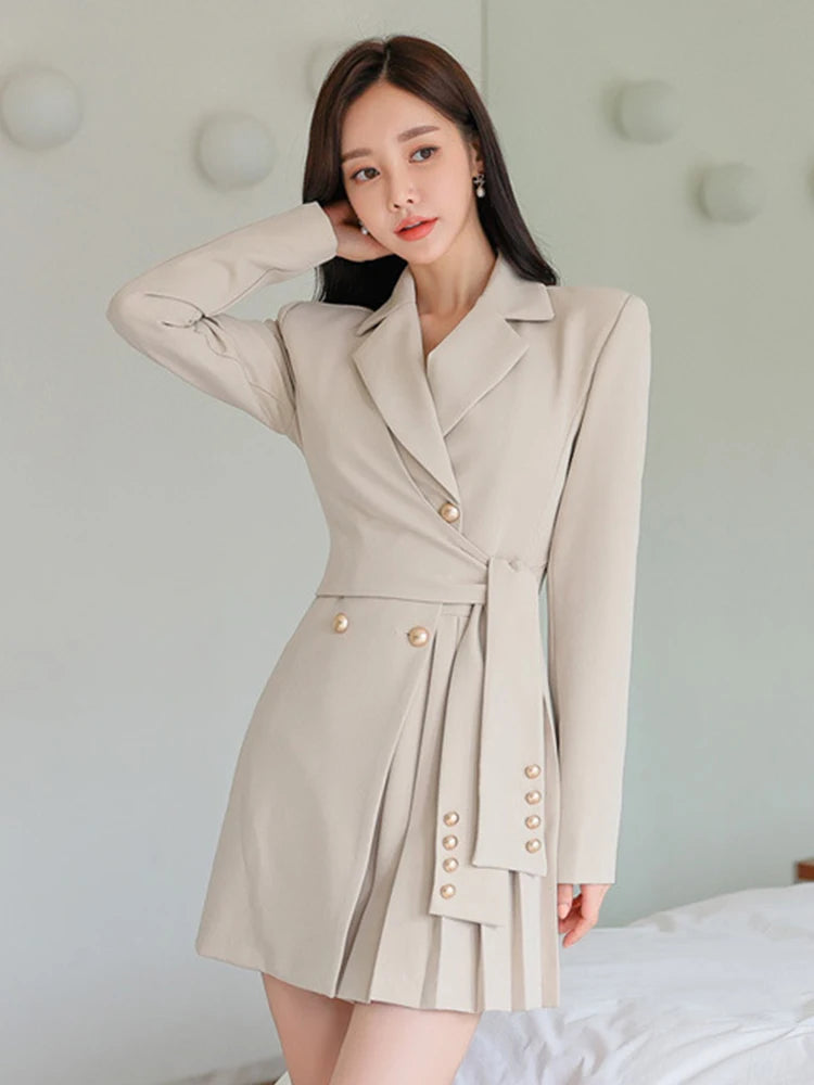 Beige Double-breasted Belted Blazer Dress Sophisticated