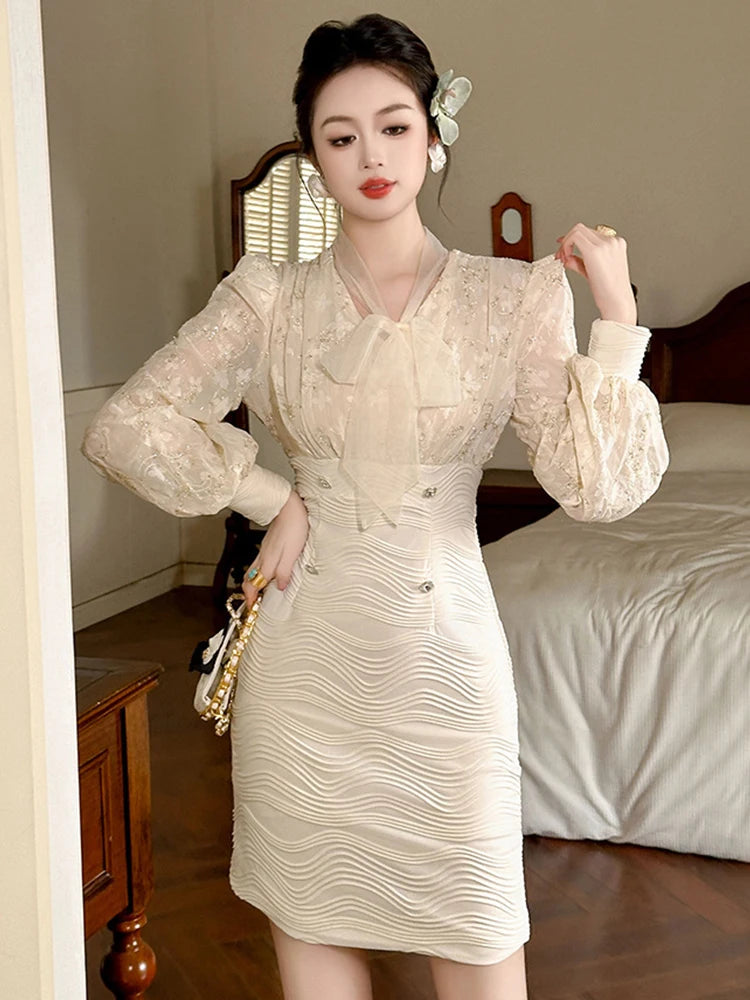 French Elegant Formal Dresses Woman Sweet Sheer Lace Flowers Bandage Bow Wrap Hip Mini Gown Female Party Work Business Vestidos